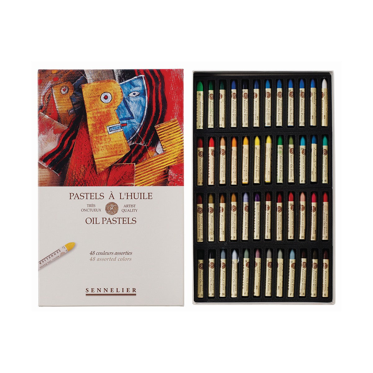 48 Sennelier oil pastels in various colours, displayed in an open cardboard box with foam lining. Box lid features an abstract portrait in primary colours. 