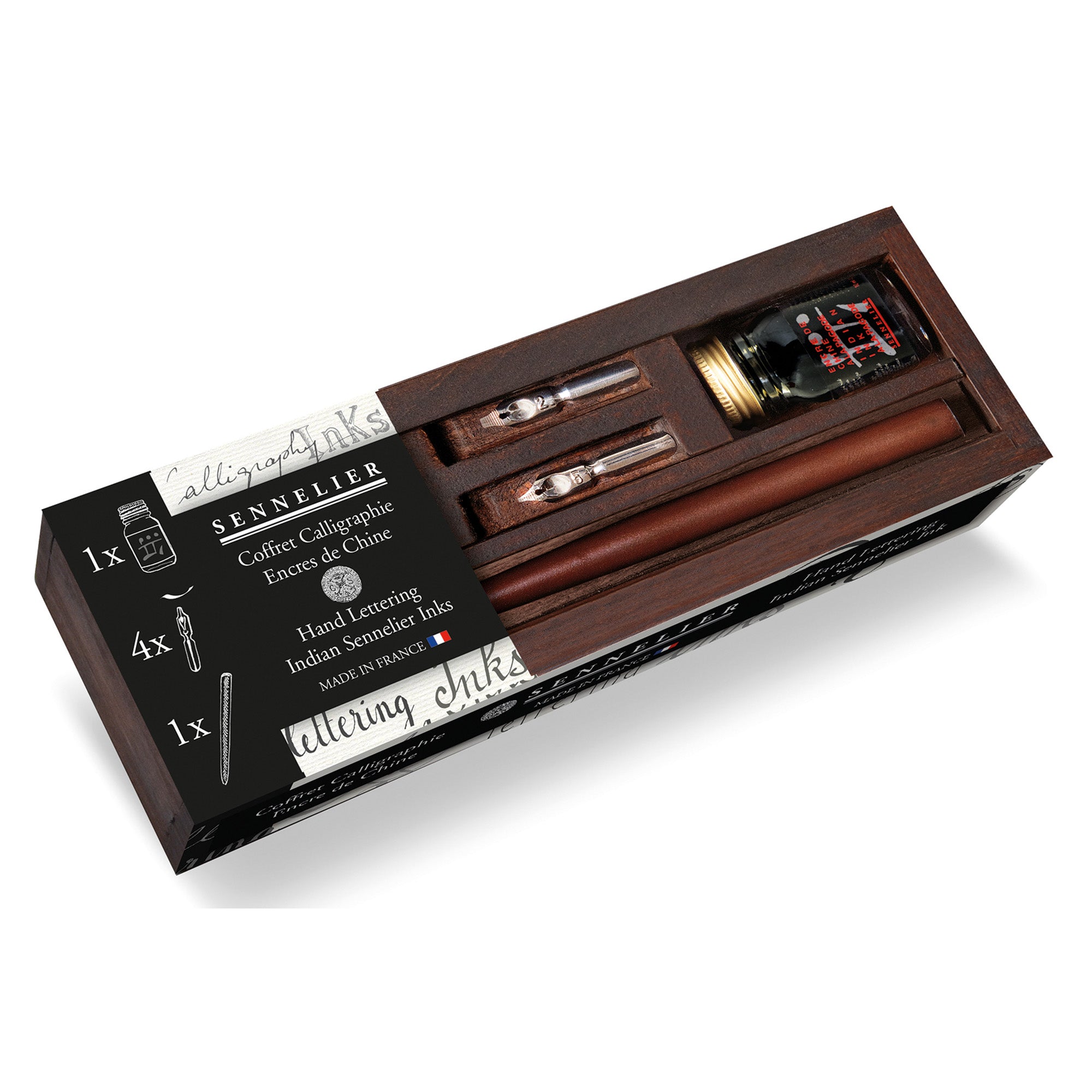Sennelier Indian Ink la Pagode Wooden Box SetPackaging showing half the box contents in a brown wooden box with the brand name and product details printed on the other side.