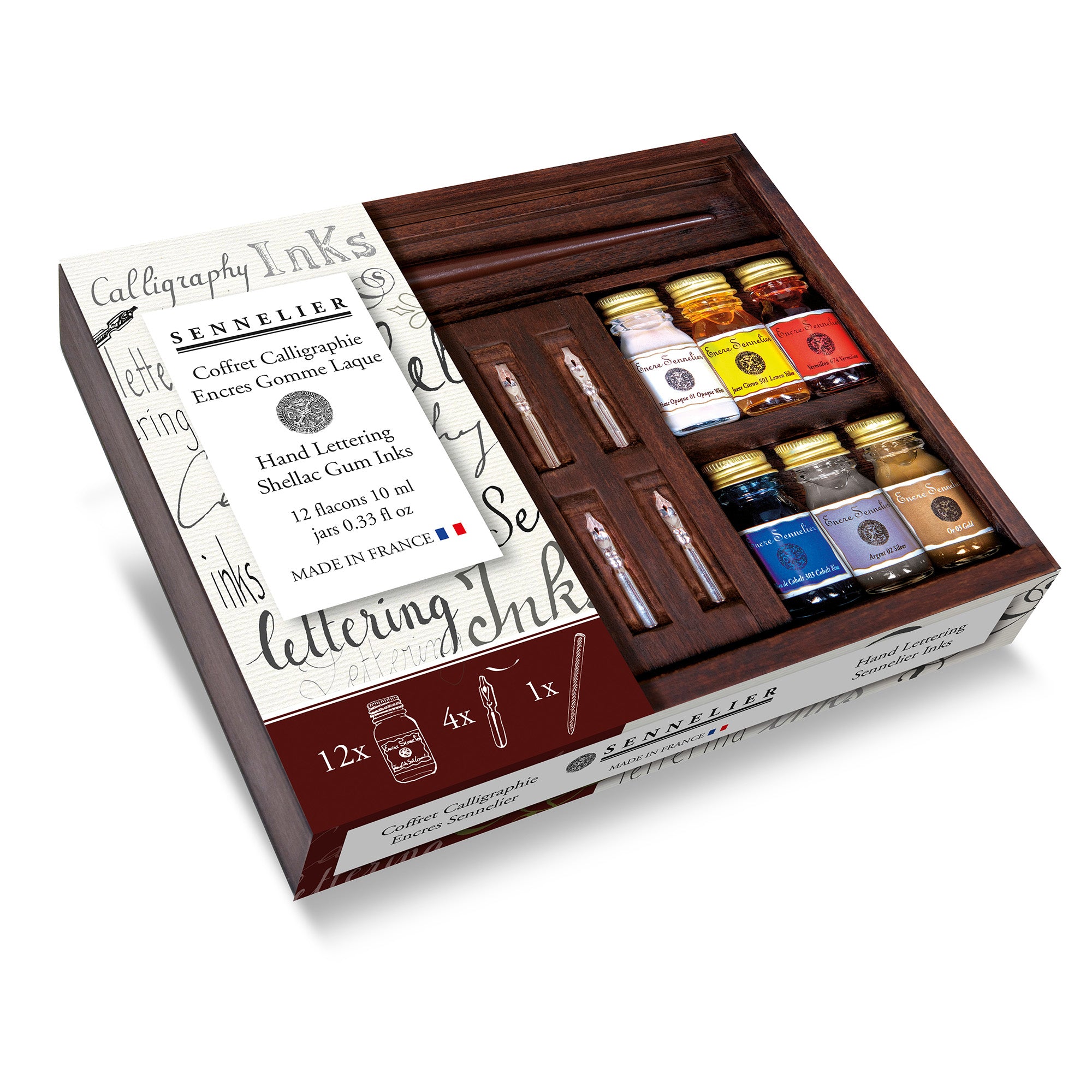 A Sennelier Encre Ink Wooden Box Set packaging showing a partial wooden box containing ink bottles in various colors, 4 nibs, and 1 dip pen, and a white label with text and branding.
