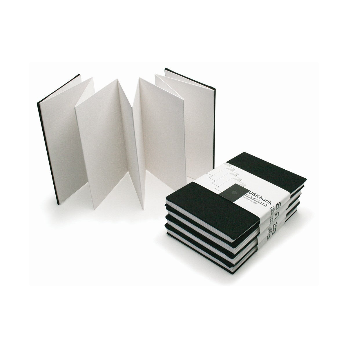 A pocket sized concertina Urban Sketch book with black cover, shown both closed and open.