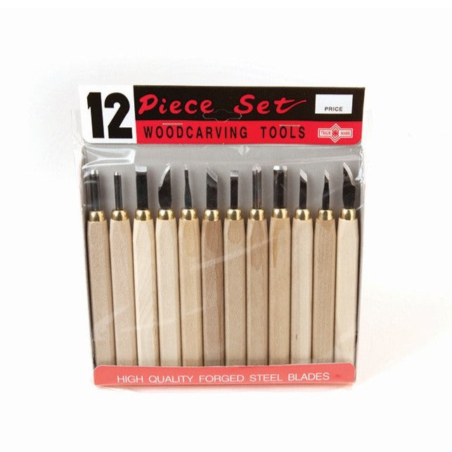 A 12-piece woodcarving tools set with various cutters, packaged in a clear plastic packet with a black and red label.