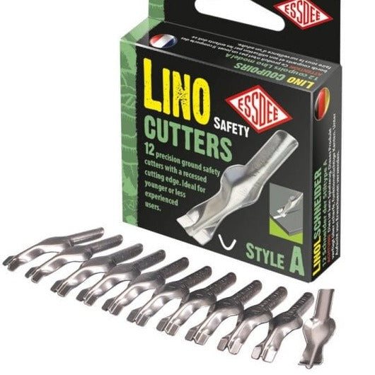 Packaging of Essdee Lino Cutter Replacement Safety Cutter Blades showing the box and the blades outside with '12 precision ground high-carbon steel' text, indicating the quantity and material of the blades.