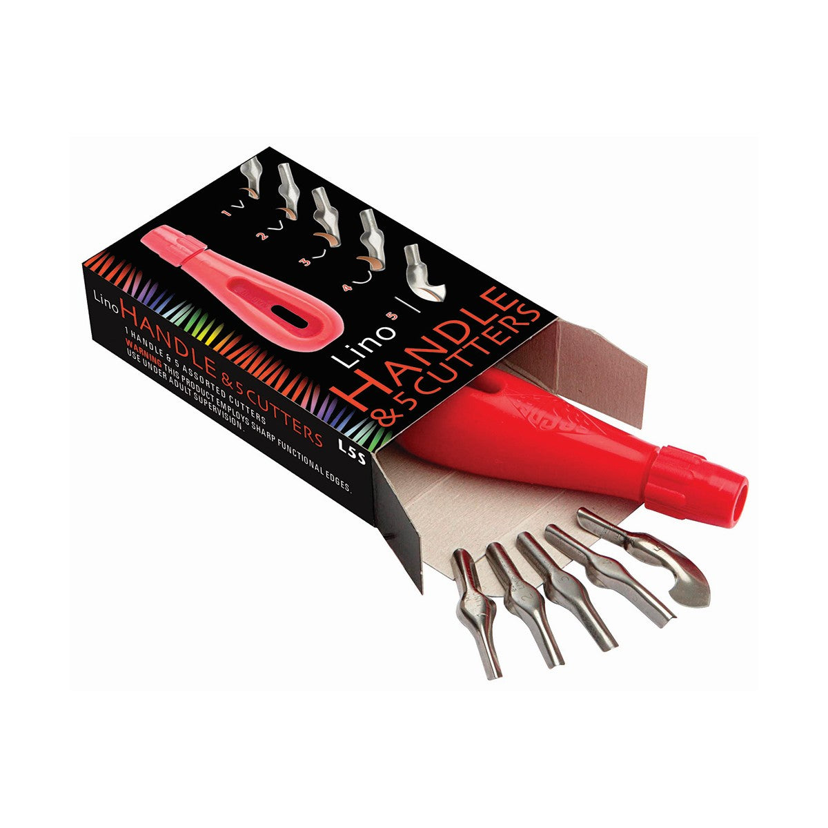 A red plastic handle with five interchangeable carbon steel cutters for lino and wood carving, displayed in its packaging.