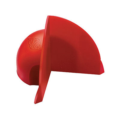 A red safety hand guard for use with cutting tools, designed to protect the hand during the cutting process on a white background
