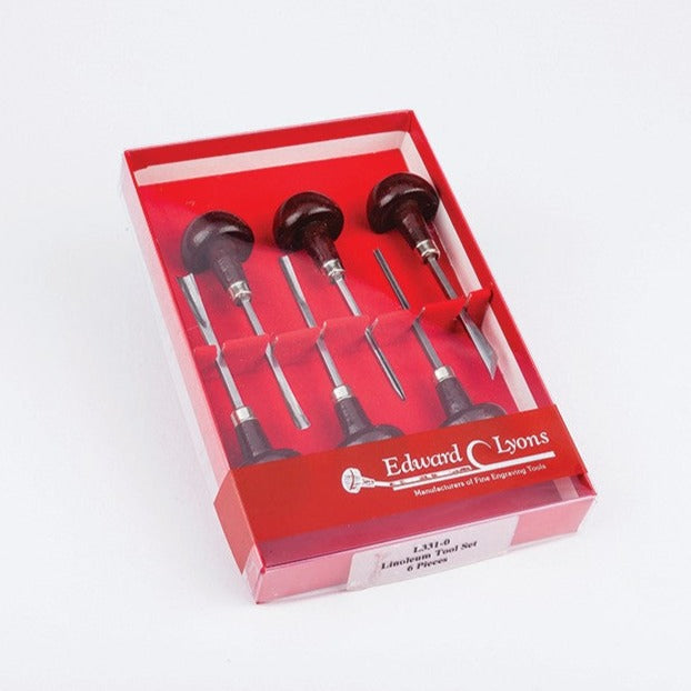 A set of E.C. Lyons lino cutting tools with mushroom handles, displayed in a red box with a clear plastic cover.