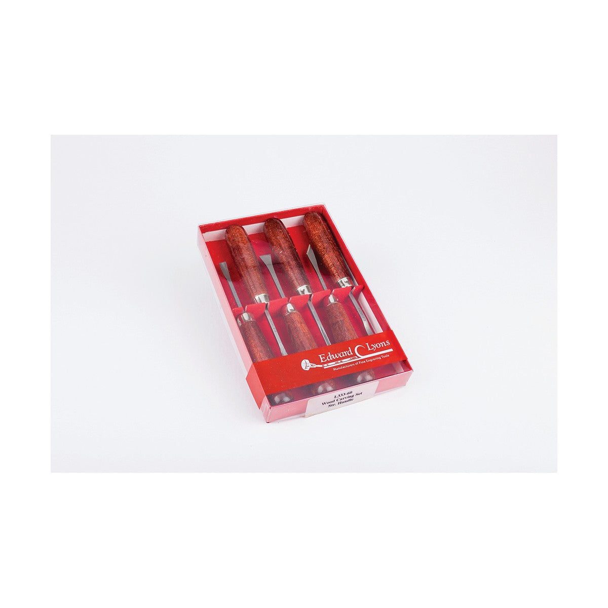 A set of E.C. Lyons wood and lino cutting tools with red handles and steel blades, displayed in a red box with a clear plastic cover.