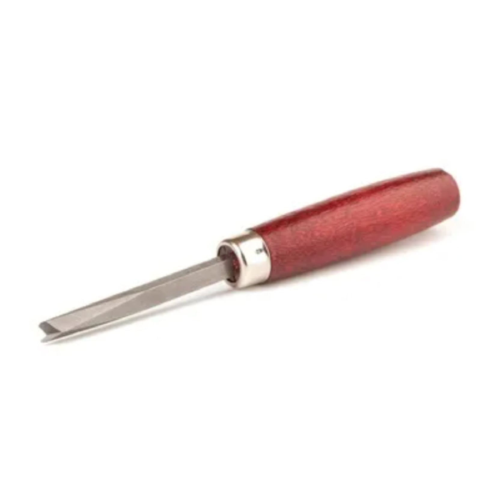 A straight wooden handled V-shaped gouge cutter with a steel blade on a white background