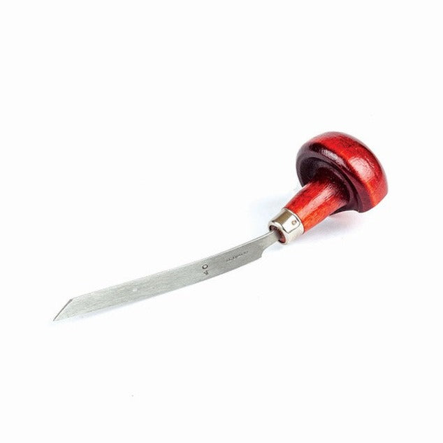 A flat graver tool with a carbon steel blade and a red stained wooden handle
