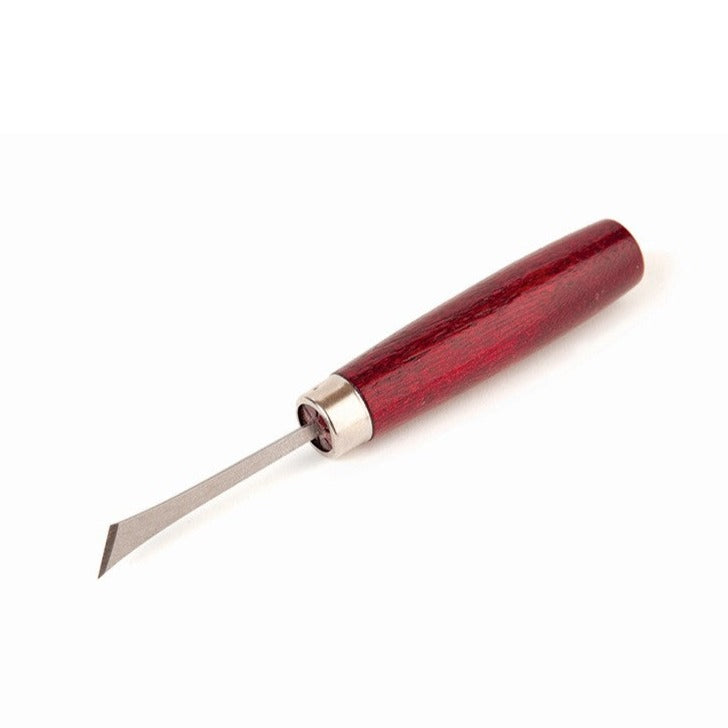 A red wooden pencil-style handle with a silver ferrule and metal shaft ending at a fine point with a bevelled edge.
