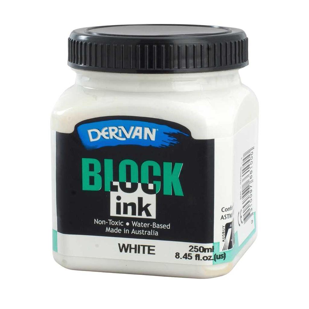 A jar of white Derivan block printing ink against a white background