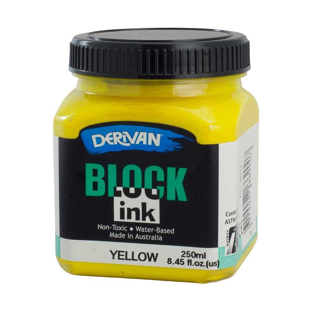 A jar of yellow Derivan block printing ink against a white background