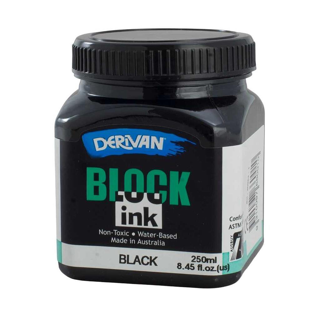 A jar of black Derivan block printing ink against a white background