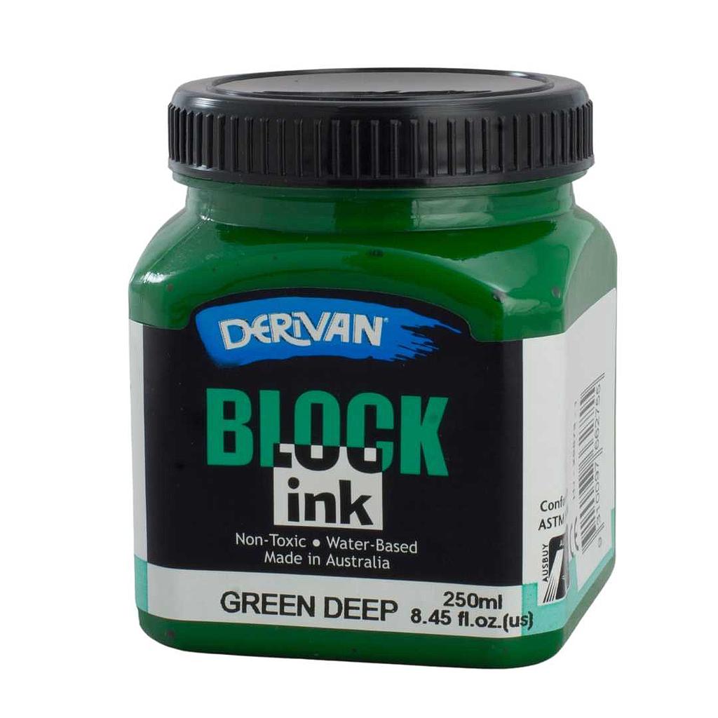 A jar of green Derivan block printing ink against a white background