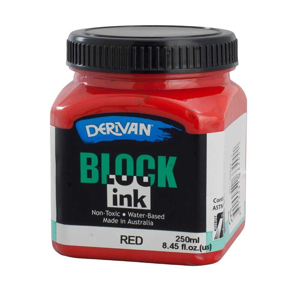 A jar of red Derivan block printing ink against a white background
