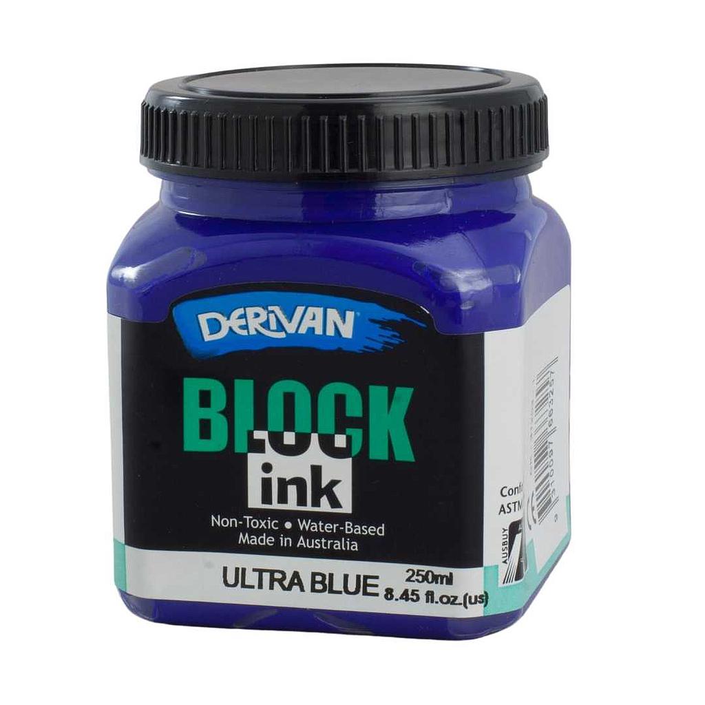 A jar of blue Derivan block printing ink against a white background