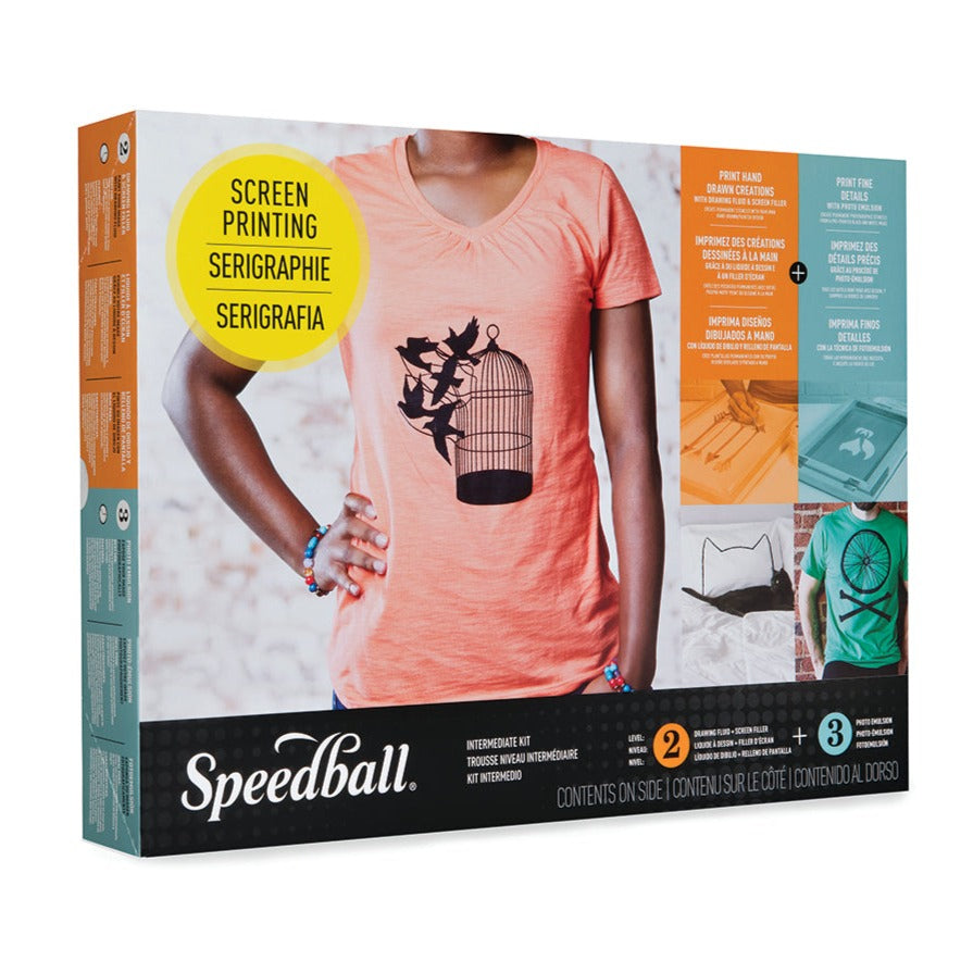 Packaging for Speedball Intermediate Screen Printing Kit, displaying the items included in the kit and a sample image of a printed t-shirt design.