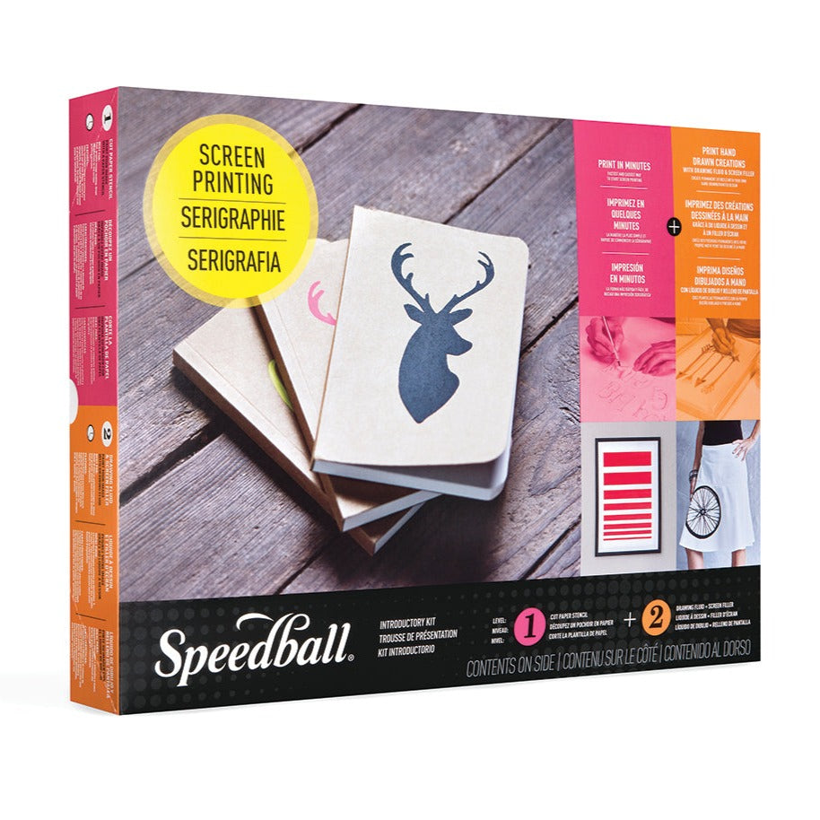 Packaging for Speedball Introductory Screen Printing Kit, displaying process images and a sample image of printed notebooks with a stag head design.