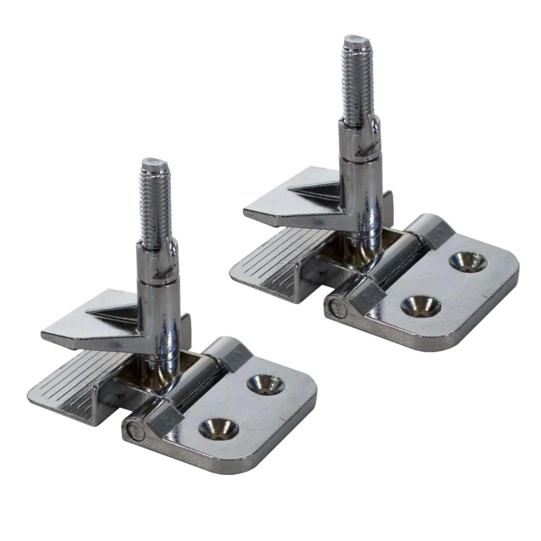 A pair of silver Jiffy Clamps used for screen printing, showing a hinge-like structure on a white background