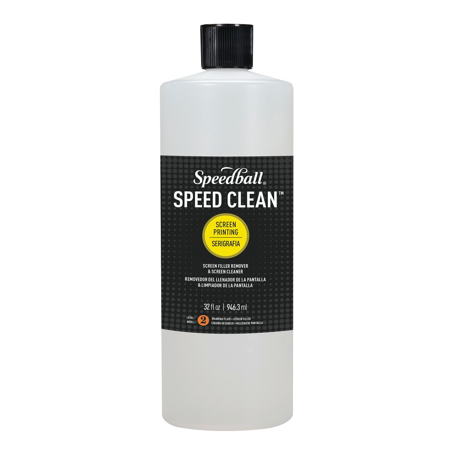 A bottle of Speedball Speed Clean, screen filler remover with a black label on a white background.