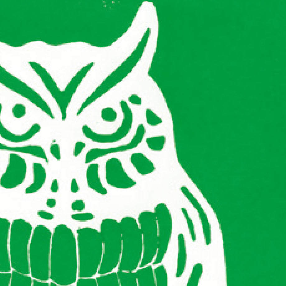 A printed linocut of an owl in green ink with the outline of the owl appearing in white.