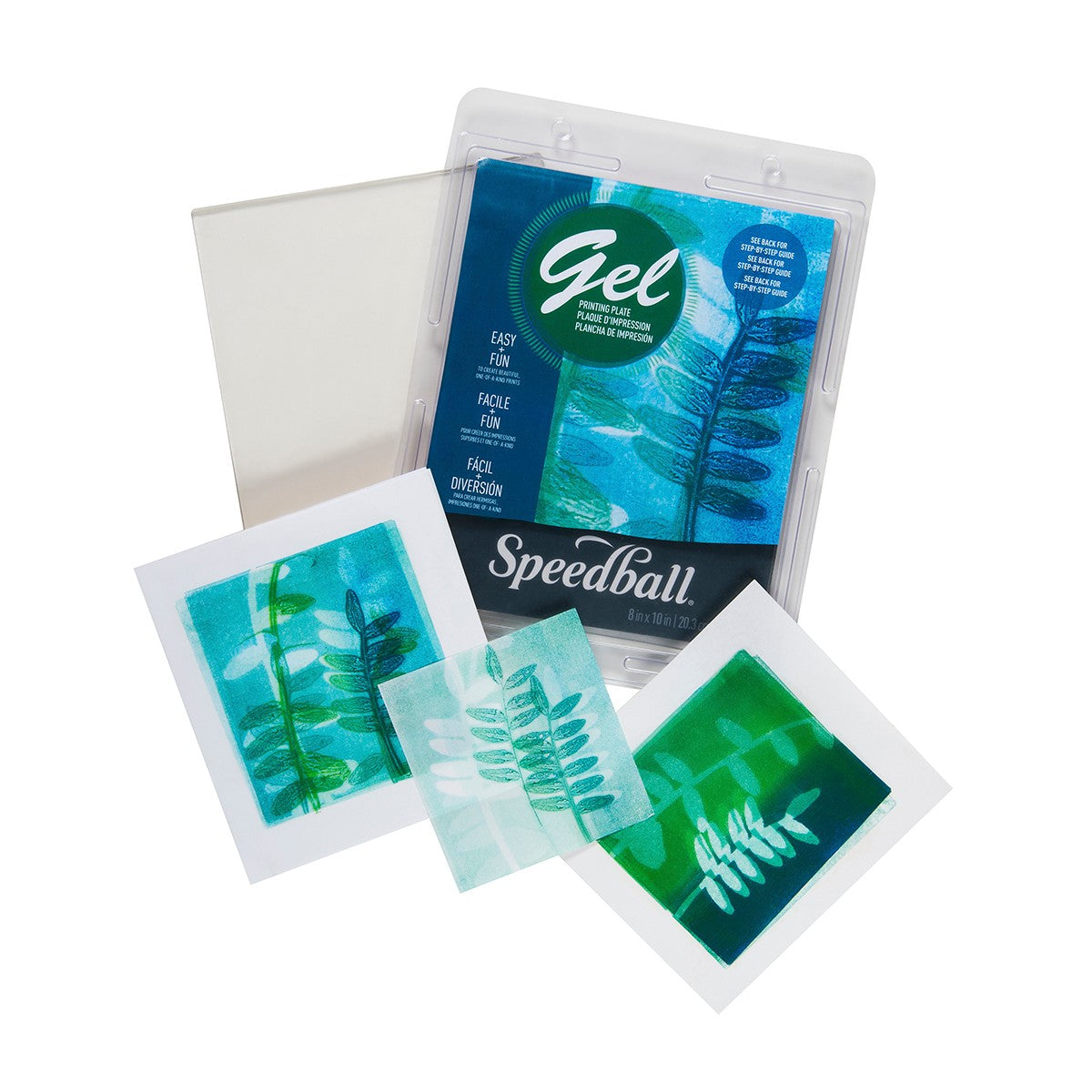 Speedball Gel Printing Plates, showing a packaged plate with a leaf pattern and loose prints on paper with similar designs displayed on them