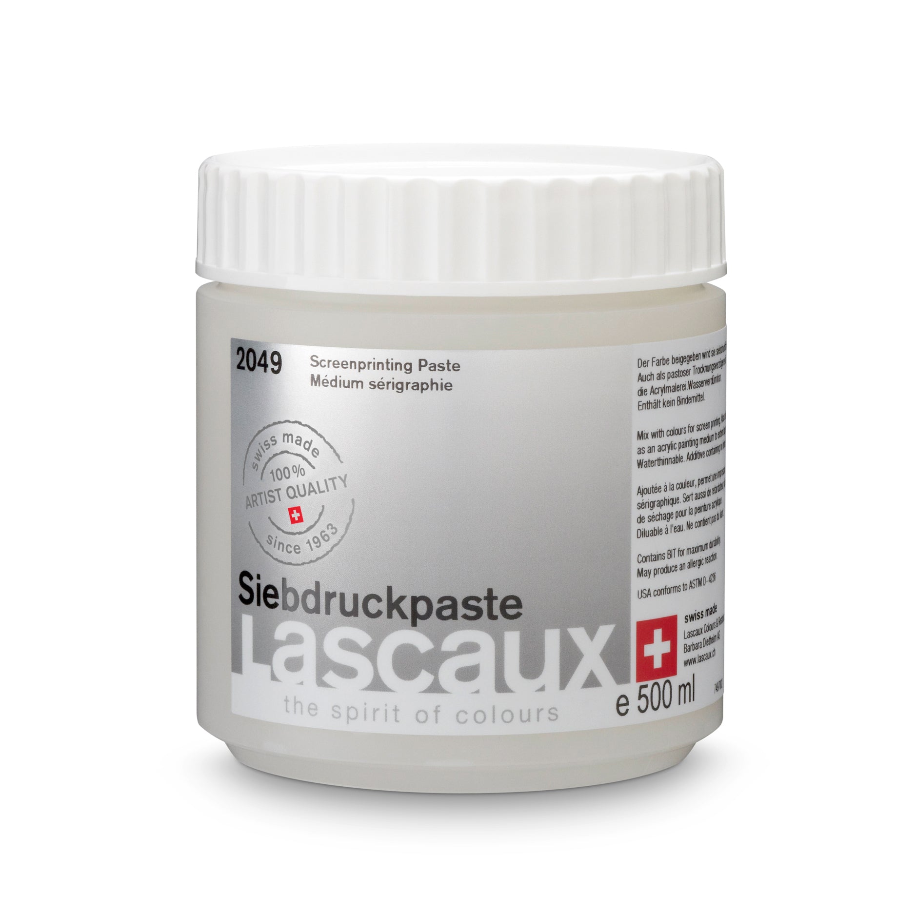 A 500 ml container of Lascaux Screenprinting Paste, primarily white in color with product details and branding on the label.