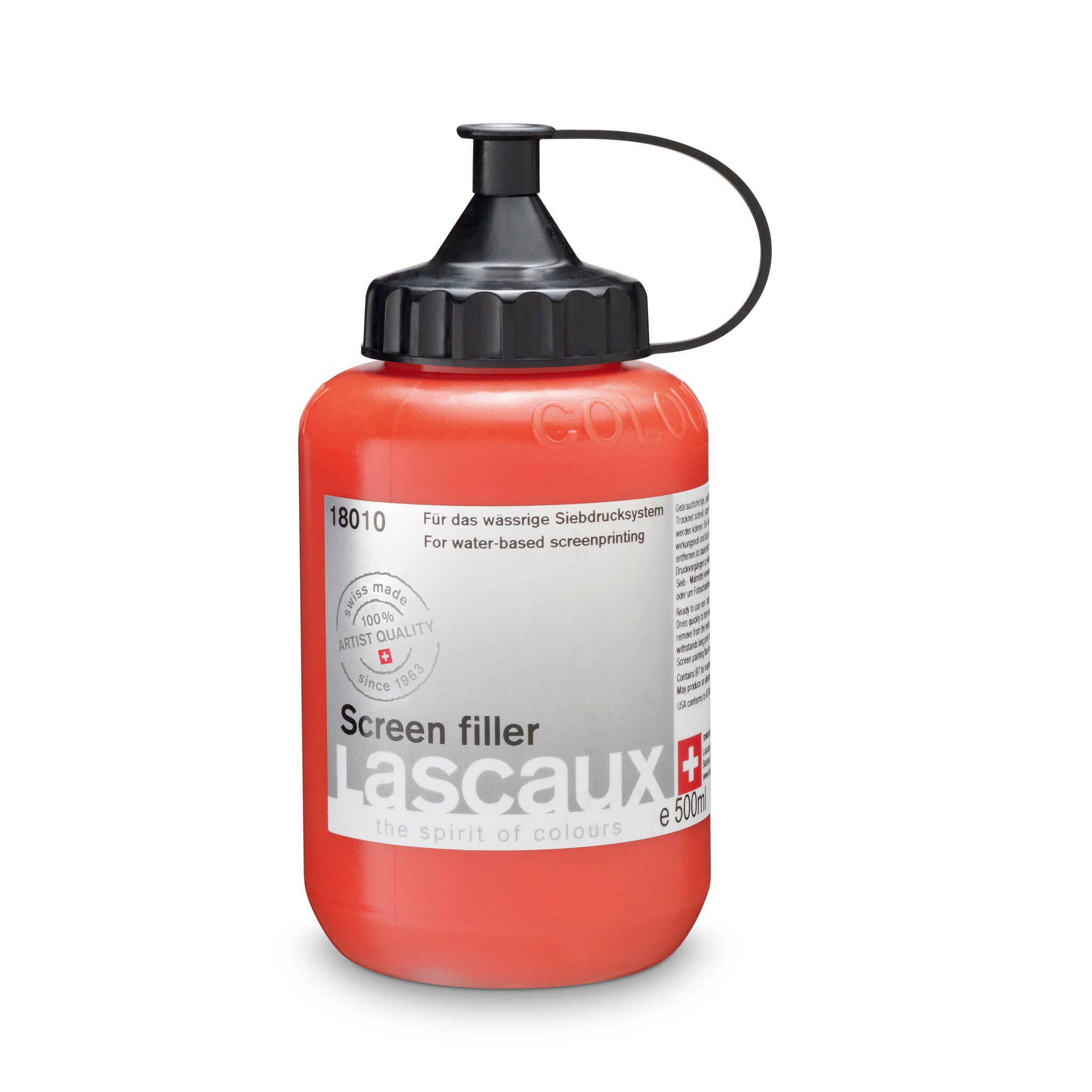 A clear plastic bottle filled with a orange product with a black cap labeled 'Lascaux Screen filler', on a white background.