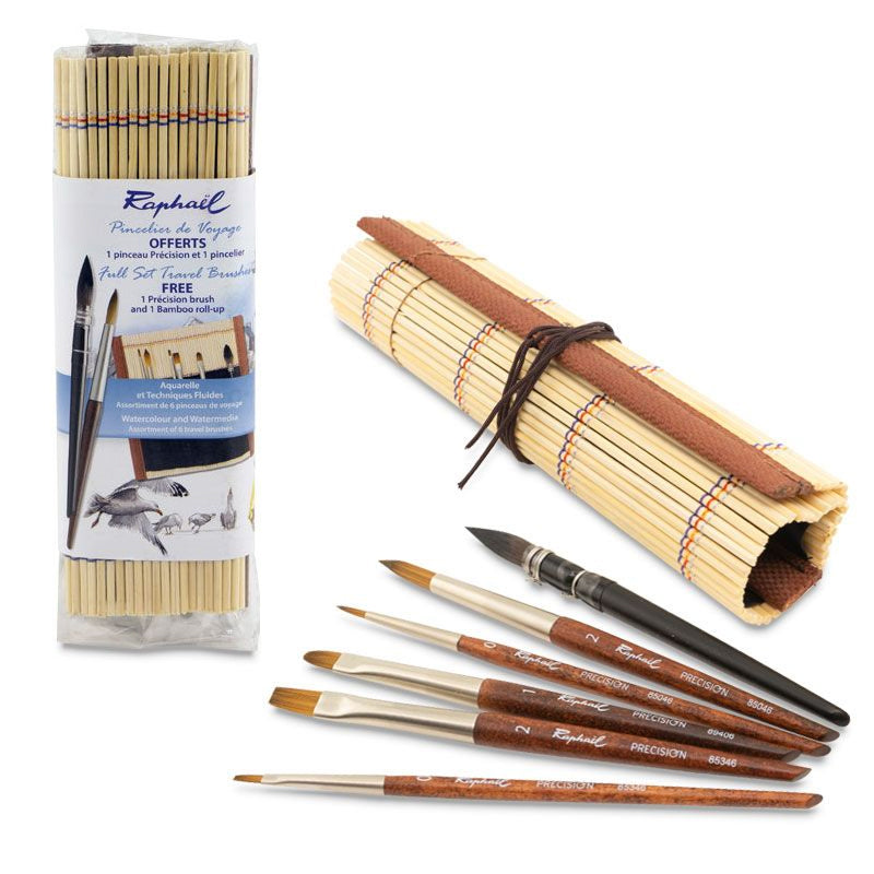 Sennelier Bamboo Brush Holder with 5 Raphael Travel Brush Mini Precision and 1 Mini Softaqua Brushes - Melbourne Etching Supplies